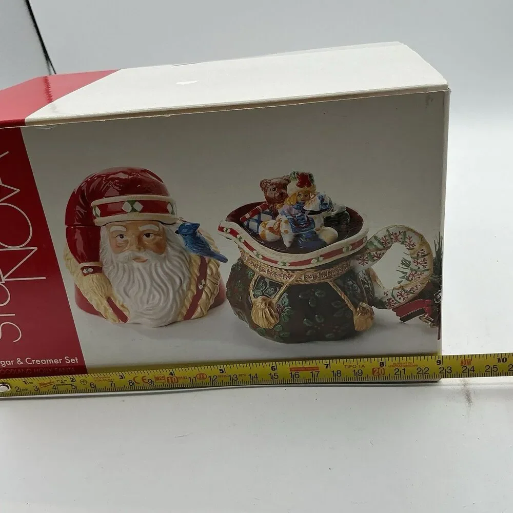 St. Nicholas Square Woodland Holly Santa Sugar Creamer Set NIB Christmas